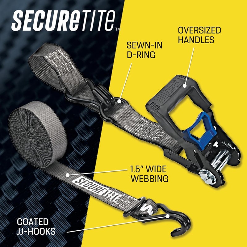 Secure Tite 1-1/2” x 20’ Ratchet Cargo Straps, 2-Pack – Ratchet Tie Down Straps, Double J-Hook Ratchet Tie Down – Ratchet Strap Set, 1667 lbs. Working Load Limit, 5000 lbs. Break Strength - Image 3